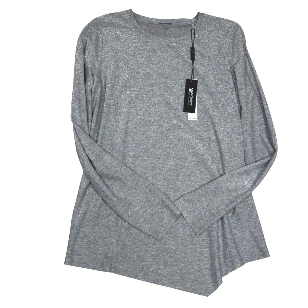 Elie Tahari Women Silver Long Sleeve Asymmetrical Hem Sparkle Knit Top Small NWT